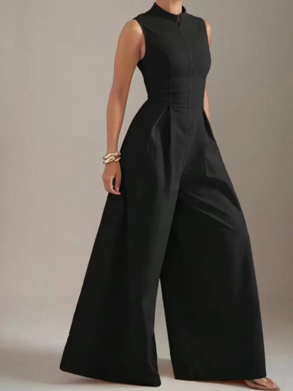 Sleeveless Black Wide-Leg Zip-Front Jumpsuit